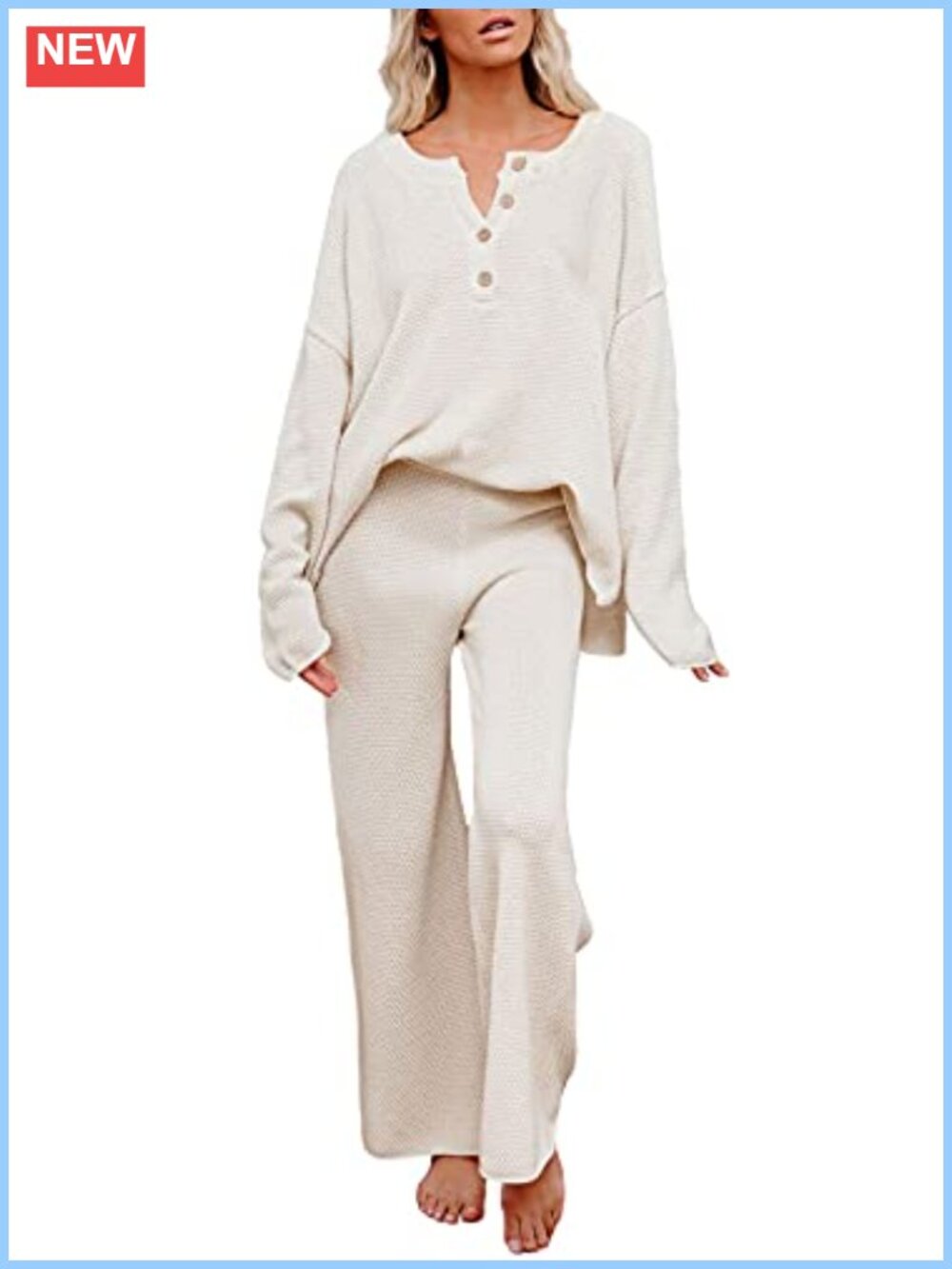 Women 2 Piece Knit Lounge Set, Long Sleeve Button Sweater & Wide Leg Pants